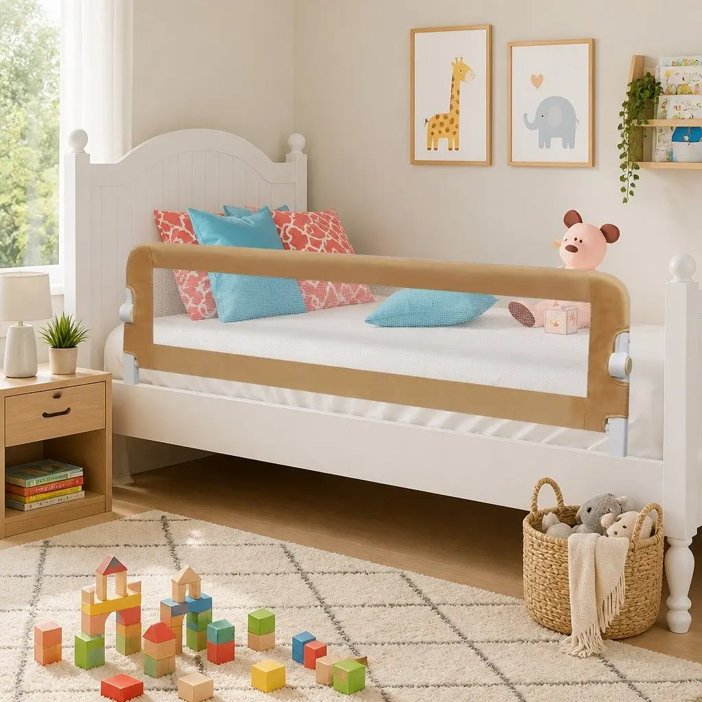 Toddler Bed Rail Taupe 150x42 cm Fold Down Guard Protection for Children 18M to 5Y