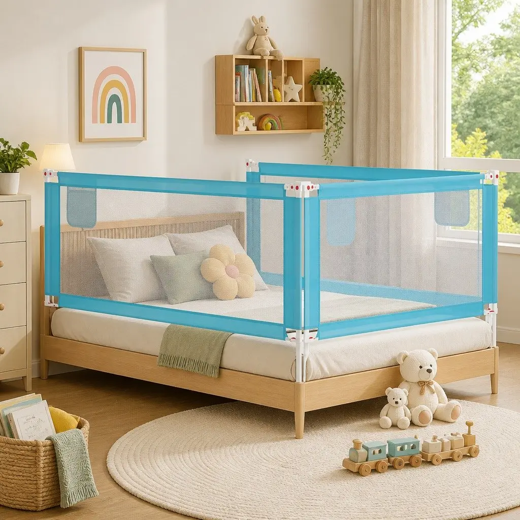 Toddler Bed Rail Blue 200x25 cm Adjustable Height Fabric Protection Guard for Kids