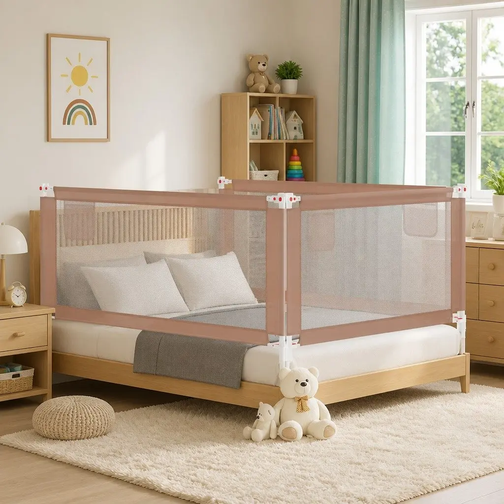 Toddler Bed Guard Rail Adjustable Height Taupe 180x25cm Safety Protection
