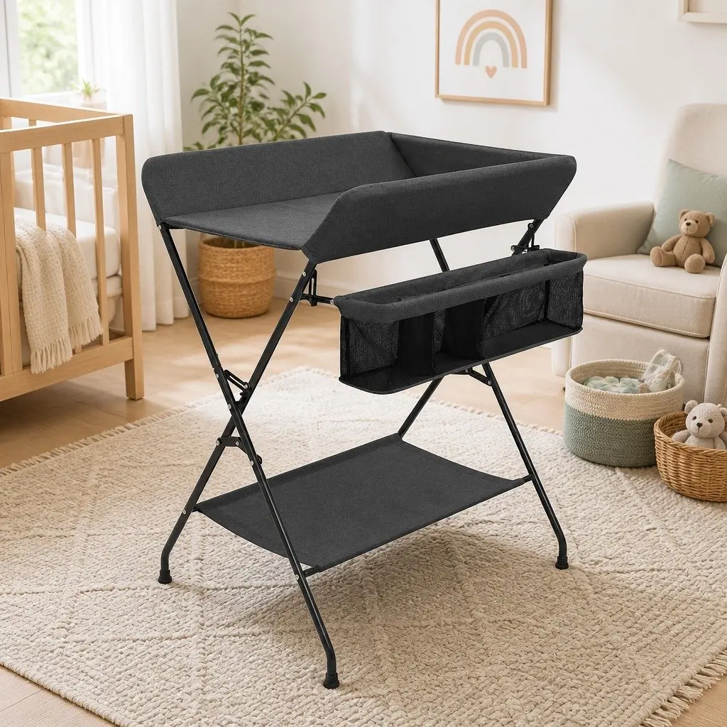Foldable Changing Table Anthracite with Side Compartments for Baby Storage