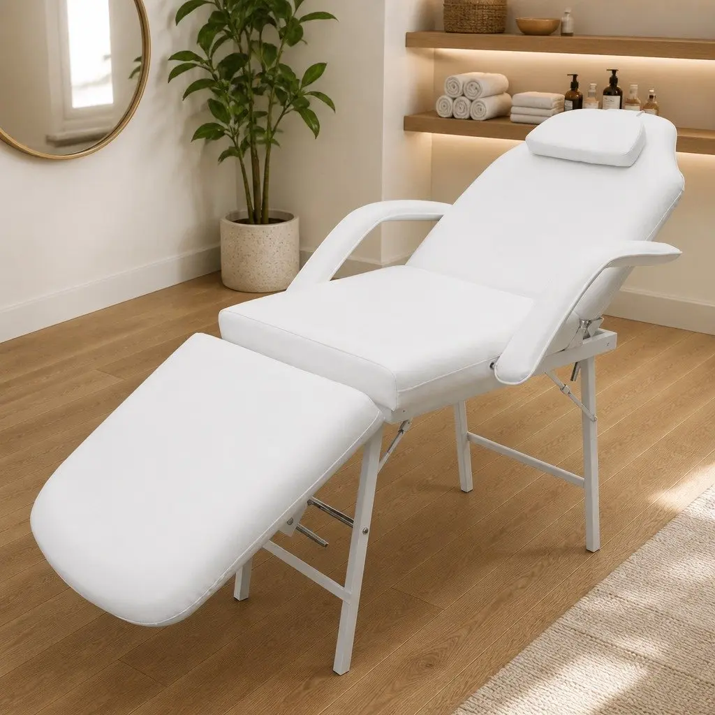 Portable Facial Treatment Chair White Faux Leather Adjustable Massage Bed
