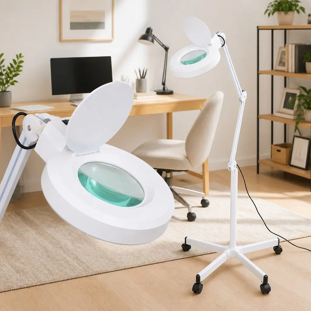 Standing Magnifying Lamp White Adjustable Desk Work 5 Dioptres LED Ring Light