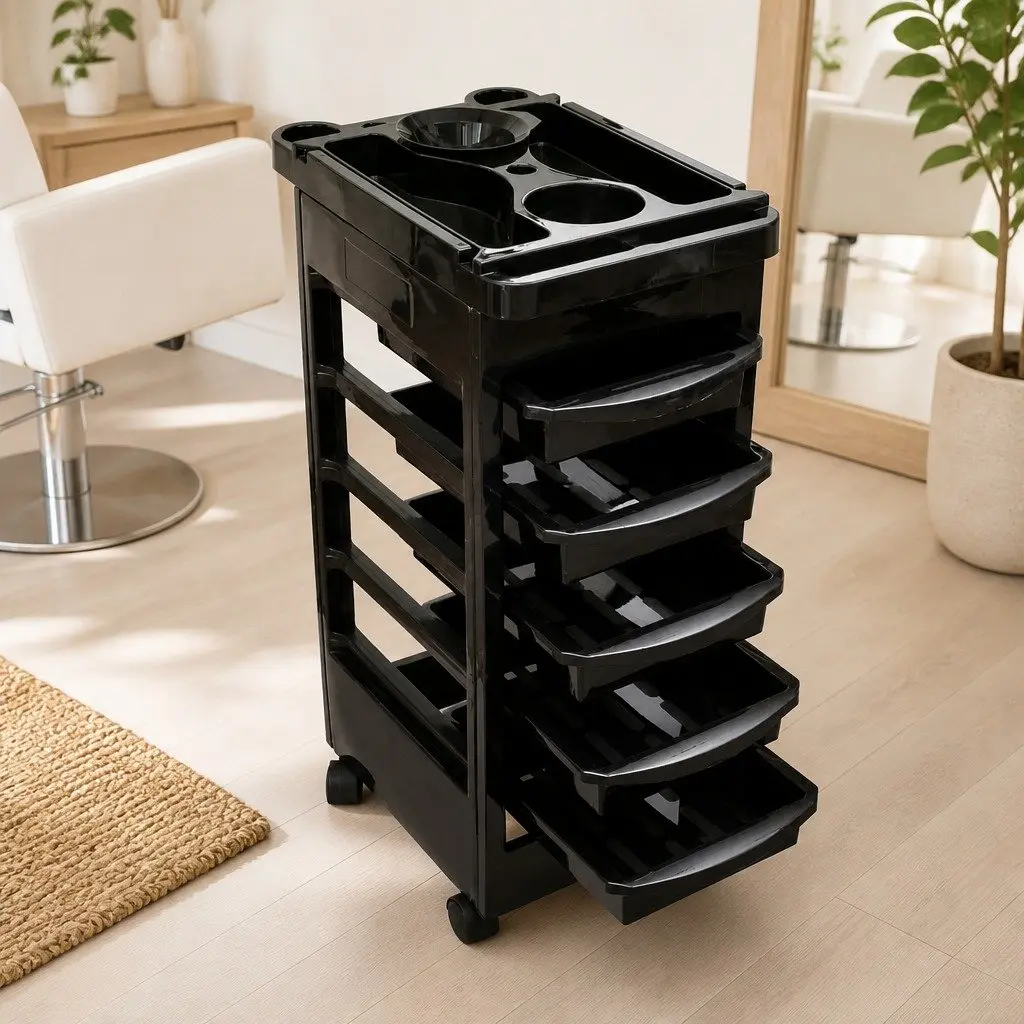 Hair Salon Trolley Black Five Drawers Organizer Mobile Storage Cart