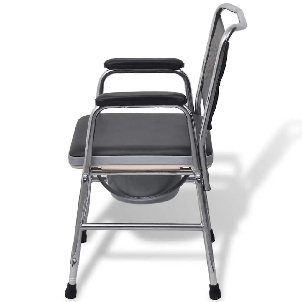 Commode Chair Black Steel Removable Bucket Padded Armrests Non-Slip Tips
