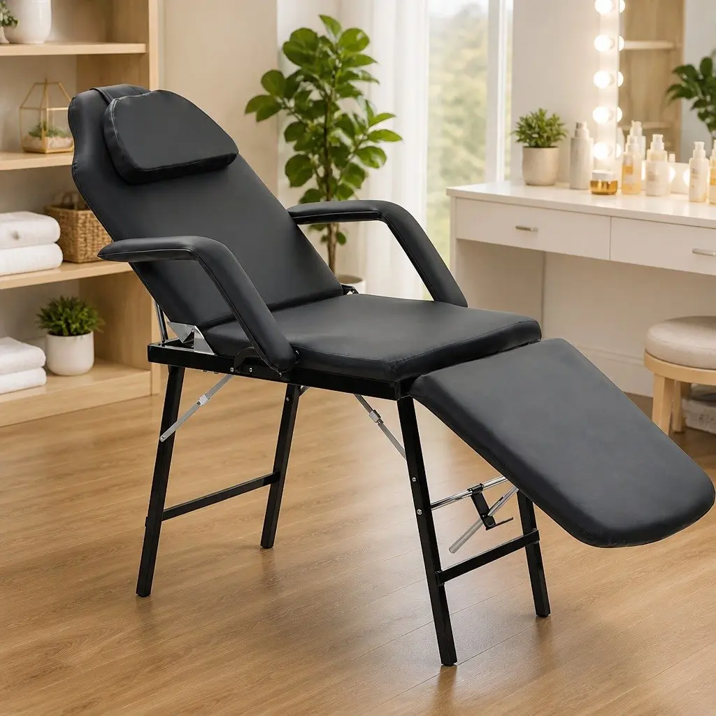 Portable Facial Treatment Chair Black Reclining Adjustable Backrest and Footrest