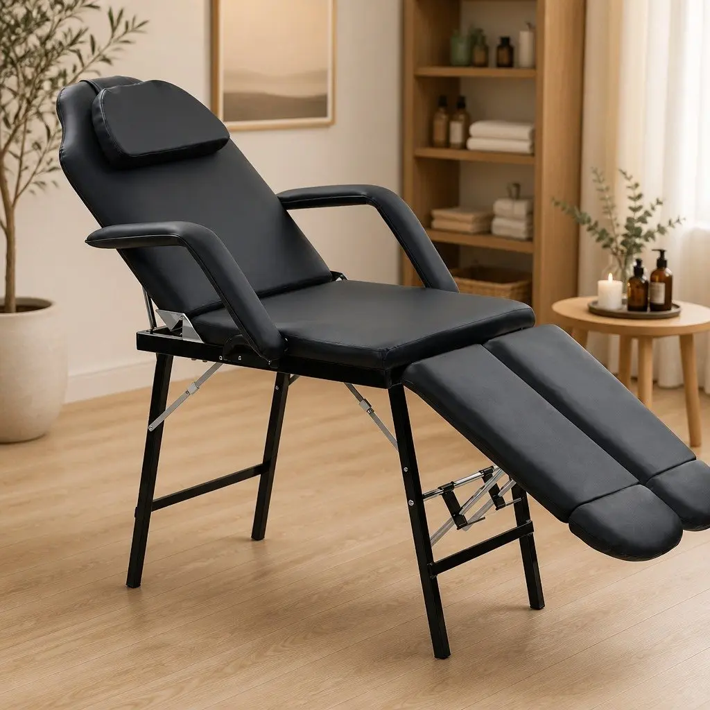 Portable Facial Treatment Chair Black Faux Leather Adjustable Backrest with Carrying Bag