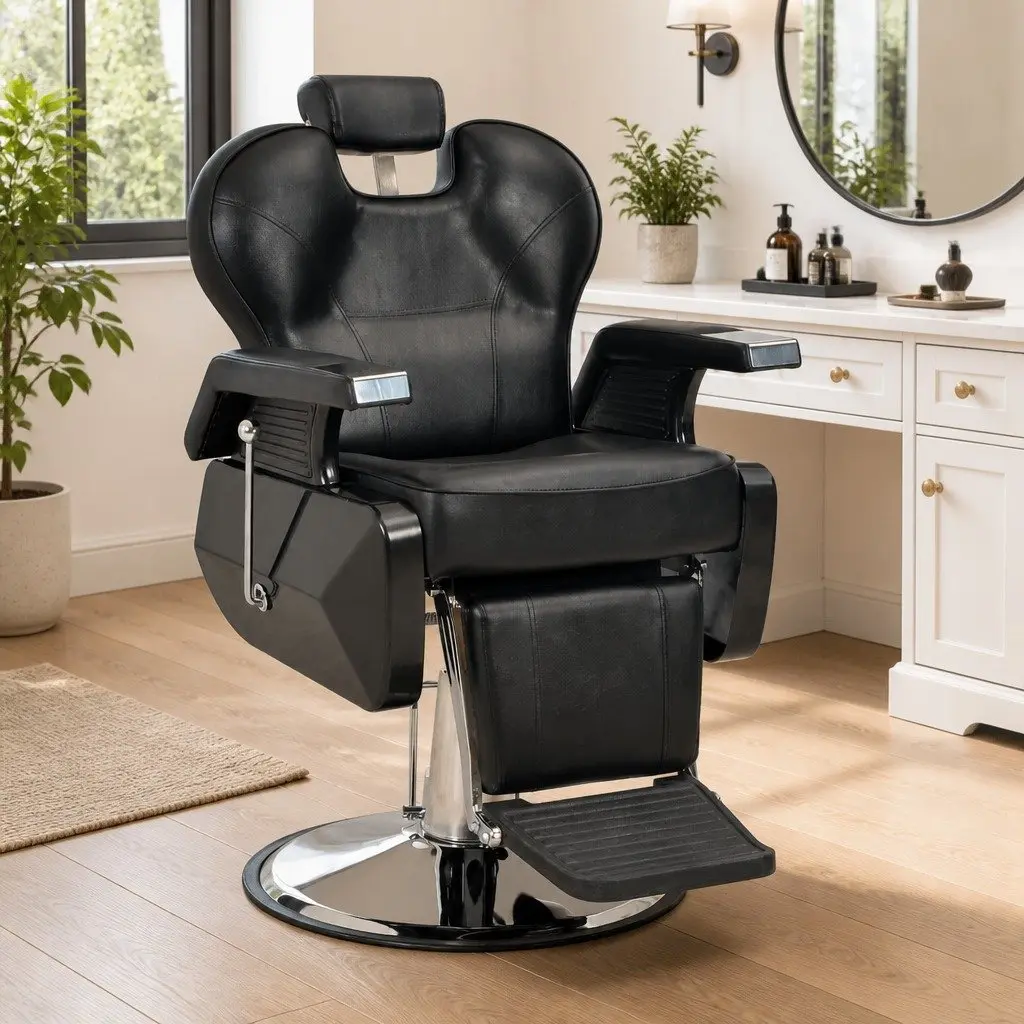 Barber Chair Adjustable Headrest Footrest Black Faux Leather 360 Degree Rotatable Seat