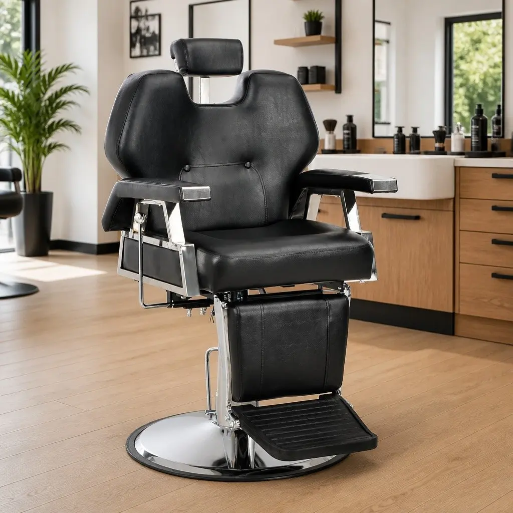 Black Barber Chair Durable Faux Leather 360 Degree Rotatable Adjustable Backrest Headrest for Salon Use