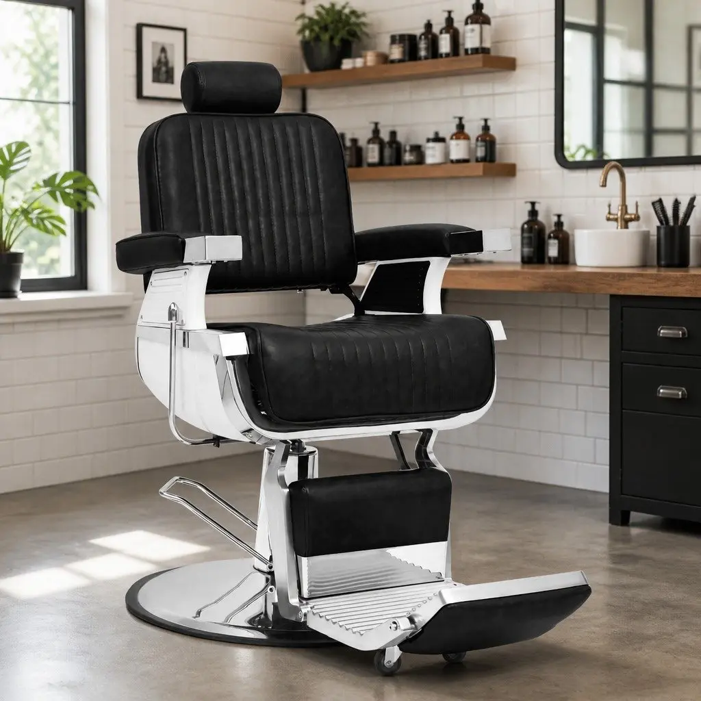Barber Chair Black 360 Rotatable Adjustable Backrest and Headrest Faux Leather Upholstery