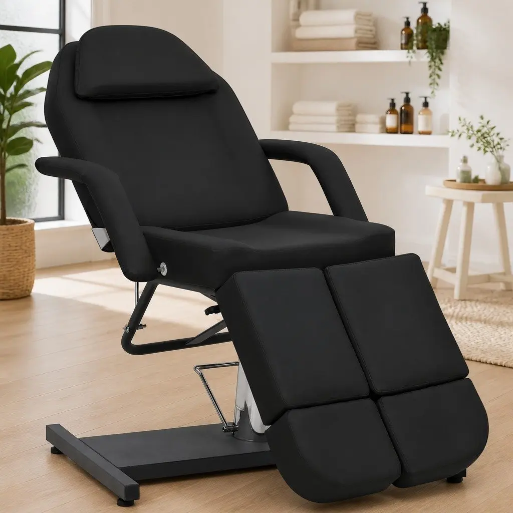 Massage Chair Black Faux Leather Adjustable Backrest Spa Treatment Bed with 360 Degree Rotation