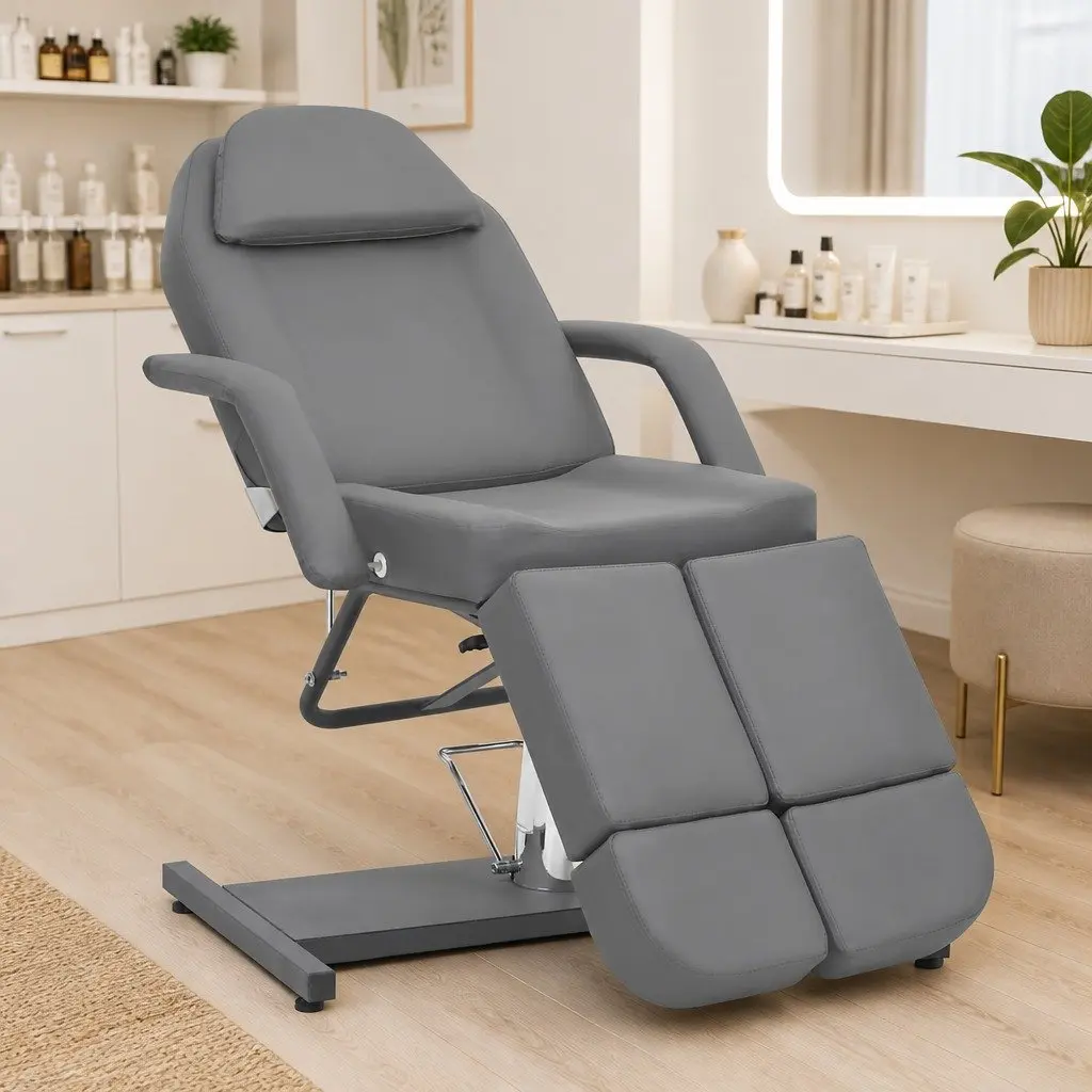 Massage Chair Grey Faux Leather Adjustable Backrest 360 Degree Rotating for Spa Tattoo Pedicure