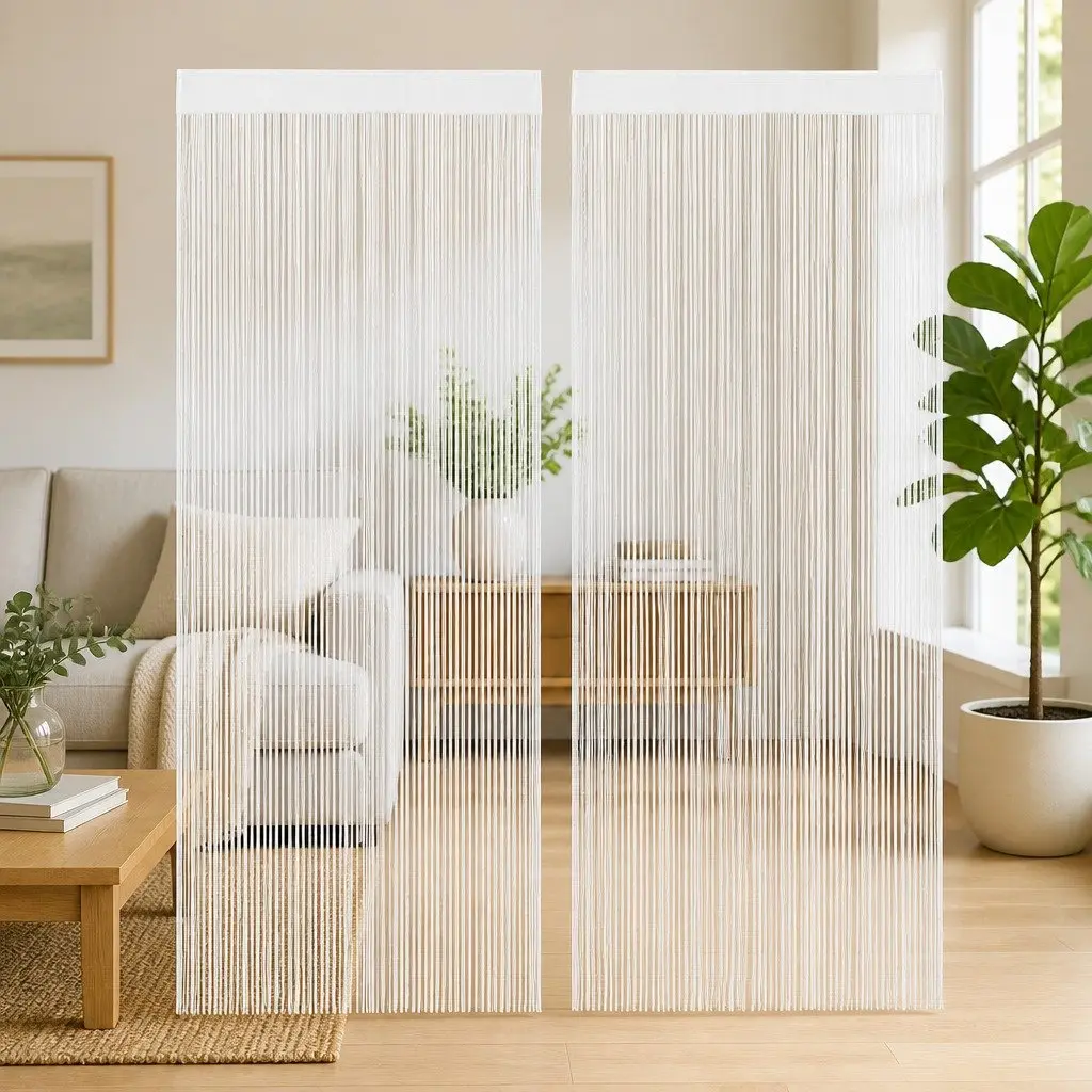 String Curtains White 100x250 cm 2 Pack Tunnel Top Polyester Room Divider Door Curtain Panel