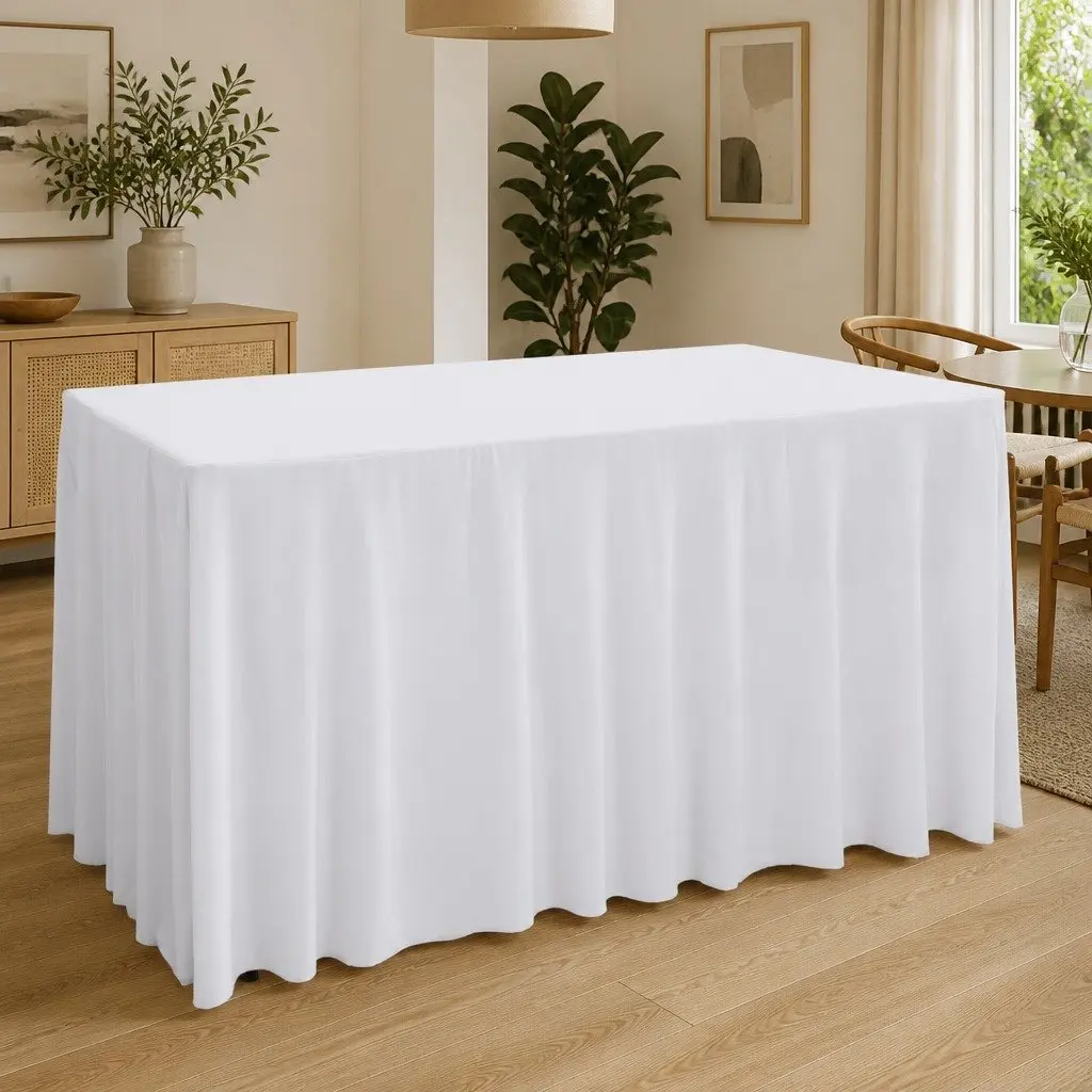 Stretch Table Cover White 183x76x74 cm Fitted Skirt 2 Pack