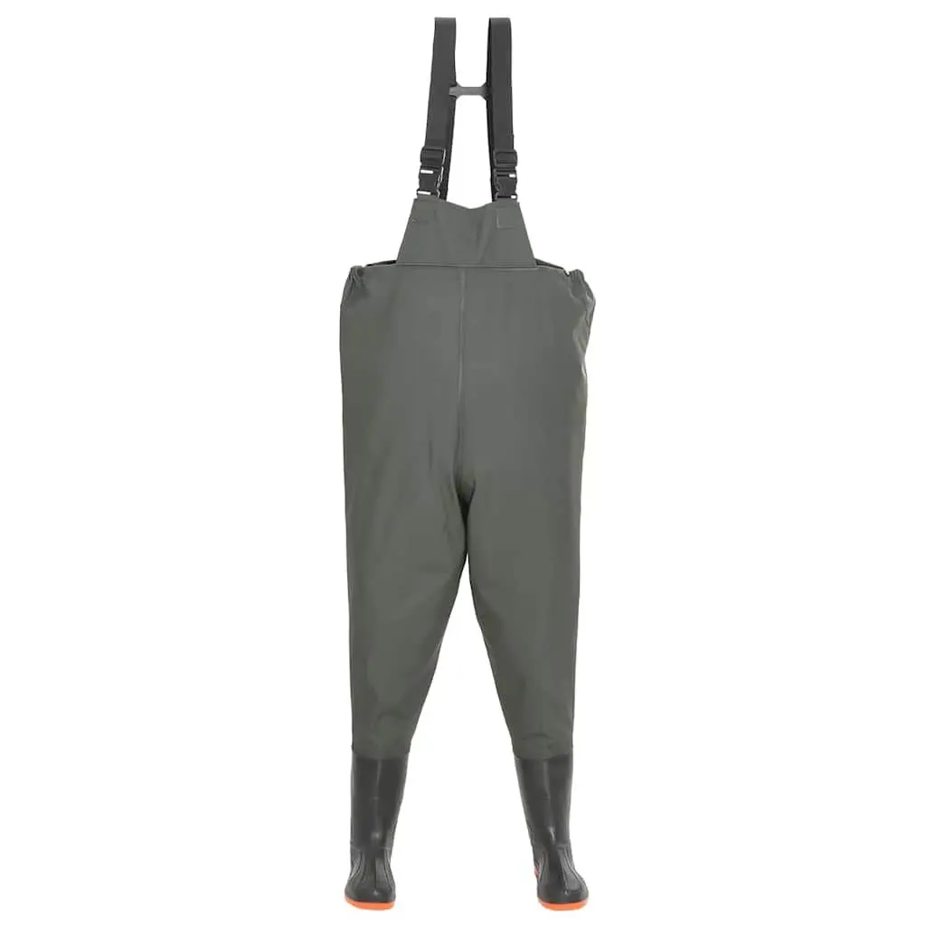 Chest Wading Pants Green Size 43 Waterproof Attached Boots Adjustable Shoulder Straps