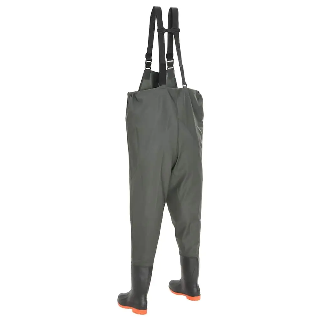 Chest Wading Pants Green Size 43 Waterproof Attached Boots Adjustable Shoulder Straps