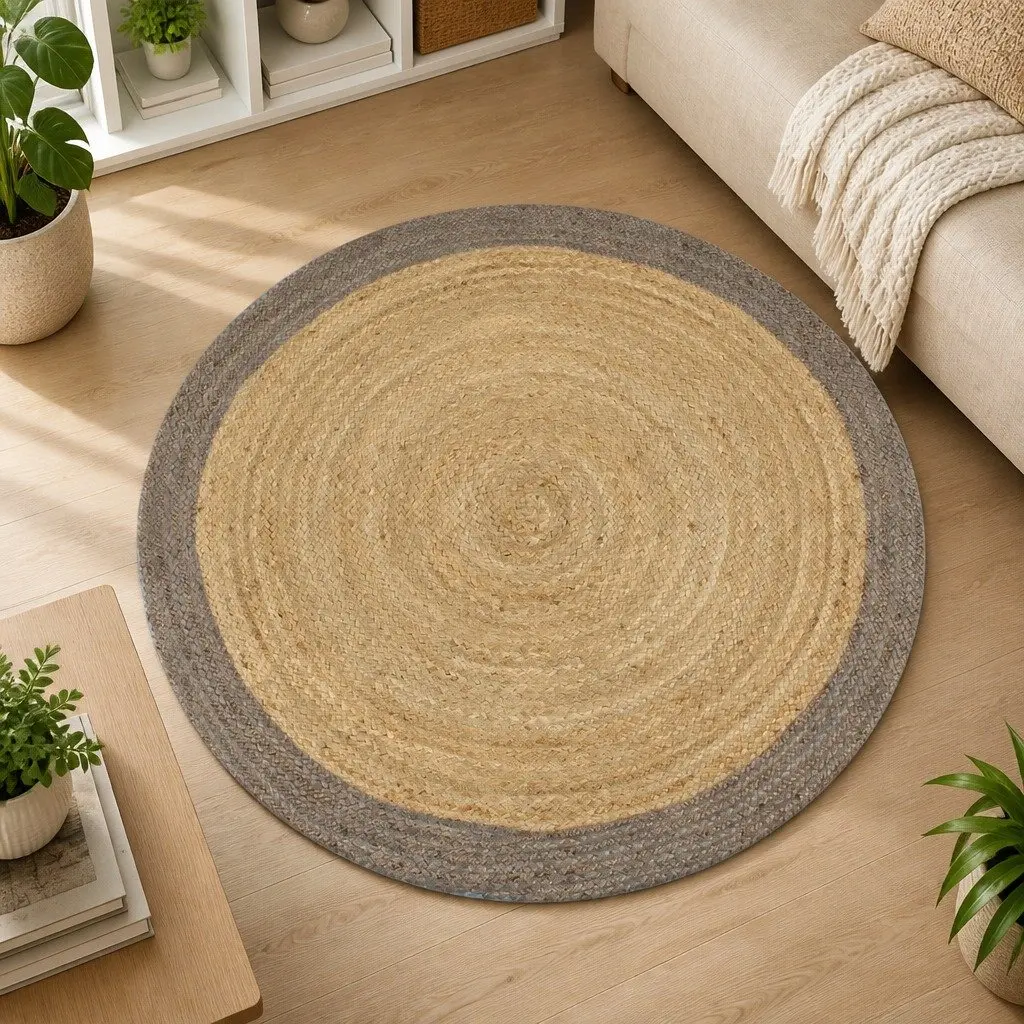 Jute Area Rug Grey Border 90cm Round Handwoven Braided Natural Carpet