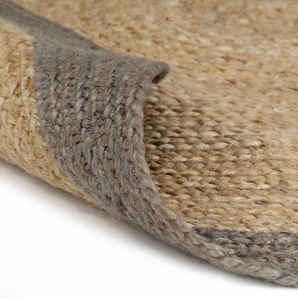 Jute Area Rug Grey Border 90cm Round Handwoven Braided Natural Carpet