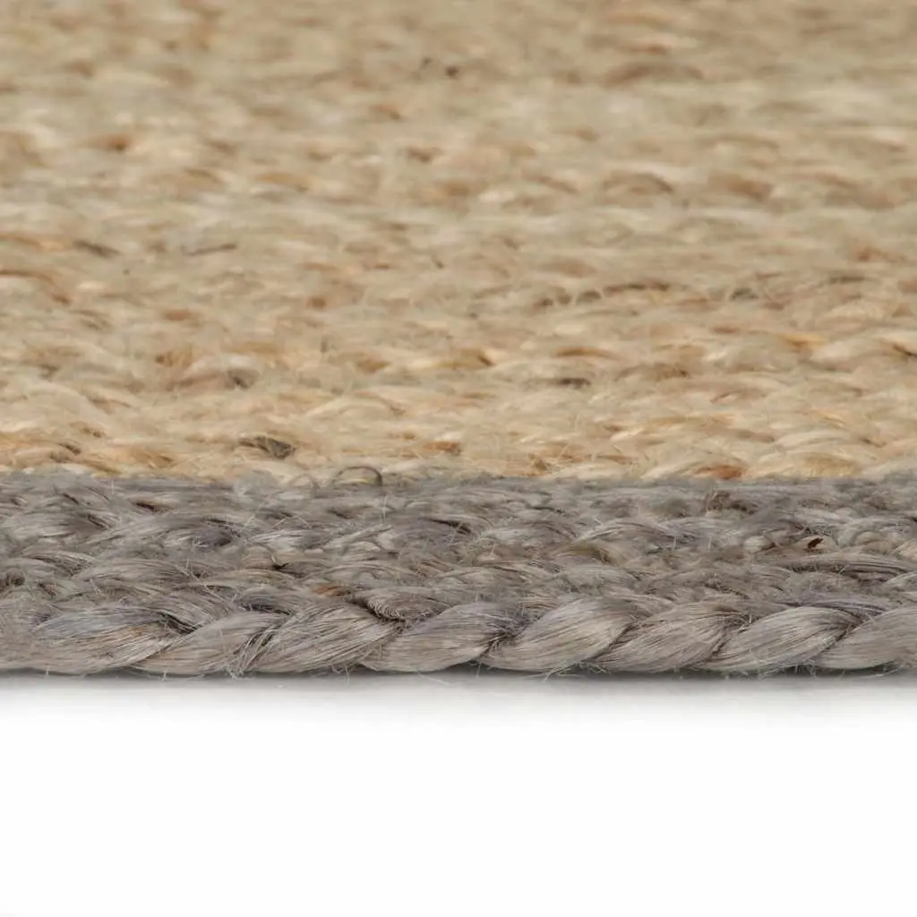 Jute Area Rug Grey Border 90cm Round Handwoven Braided Natural Carpet