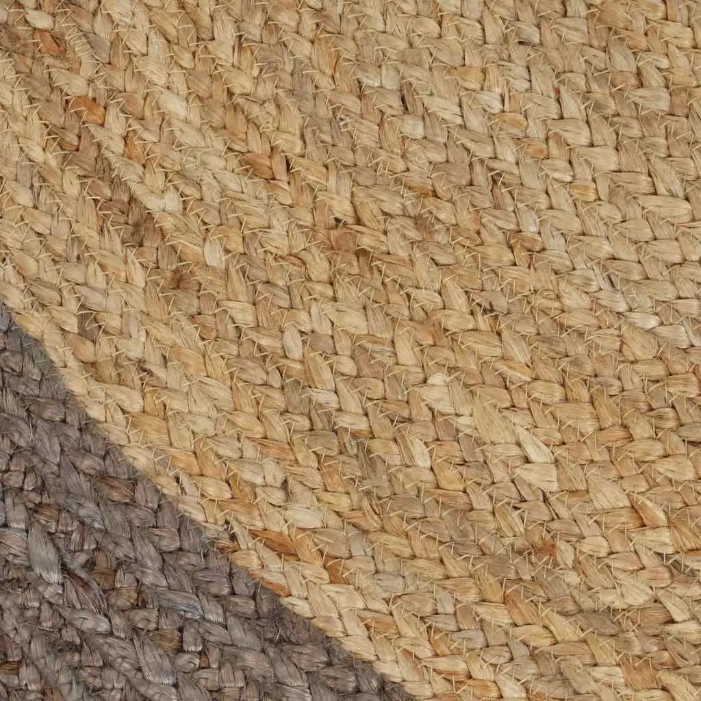 Jute Area Rug Grey Border 90cm Round Handwoven Braided Natural Carpet