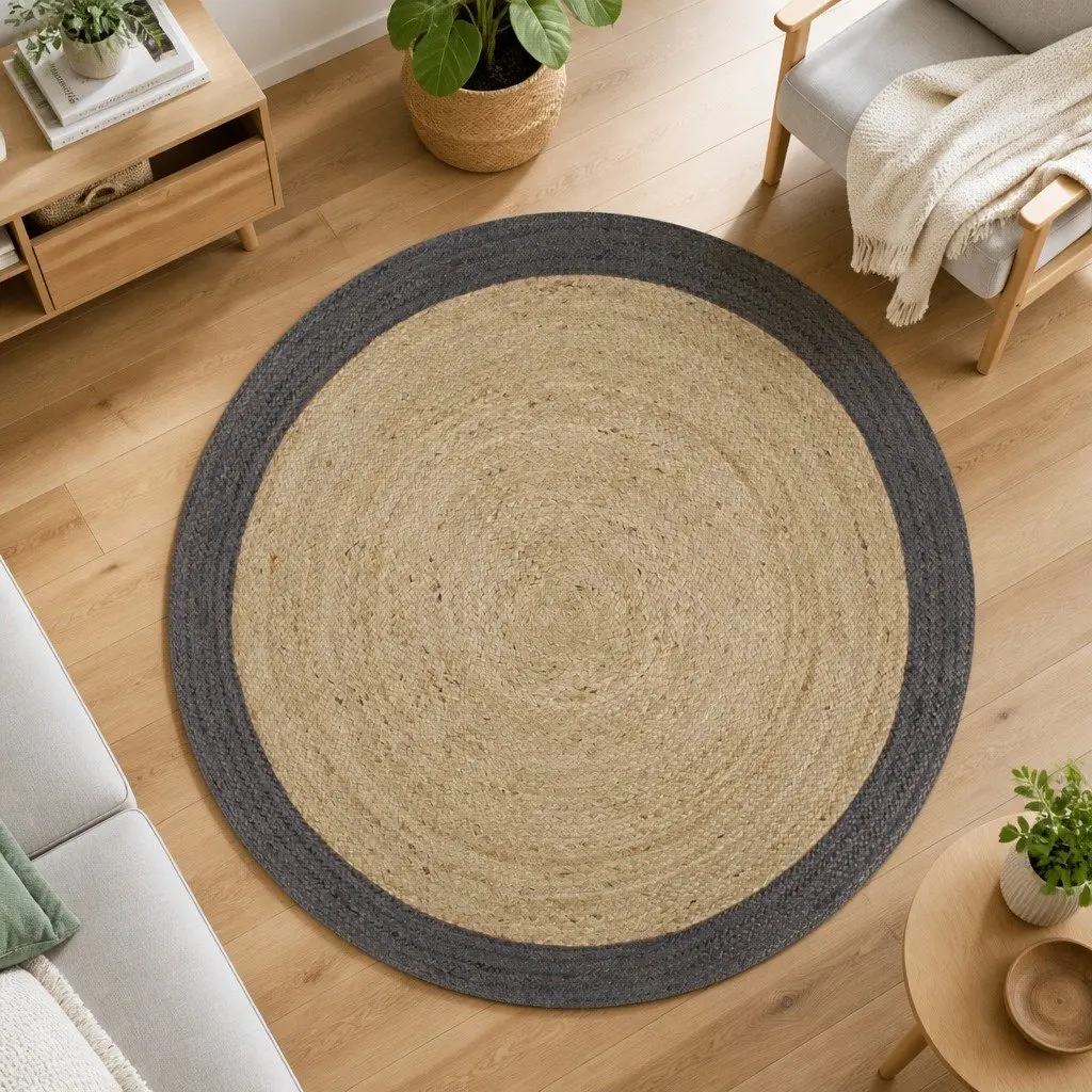 Jute Area Rug with Grey Border, Easy to Maintain