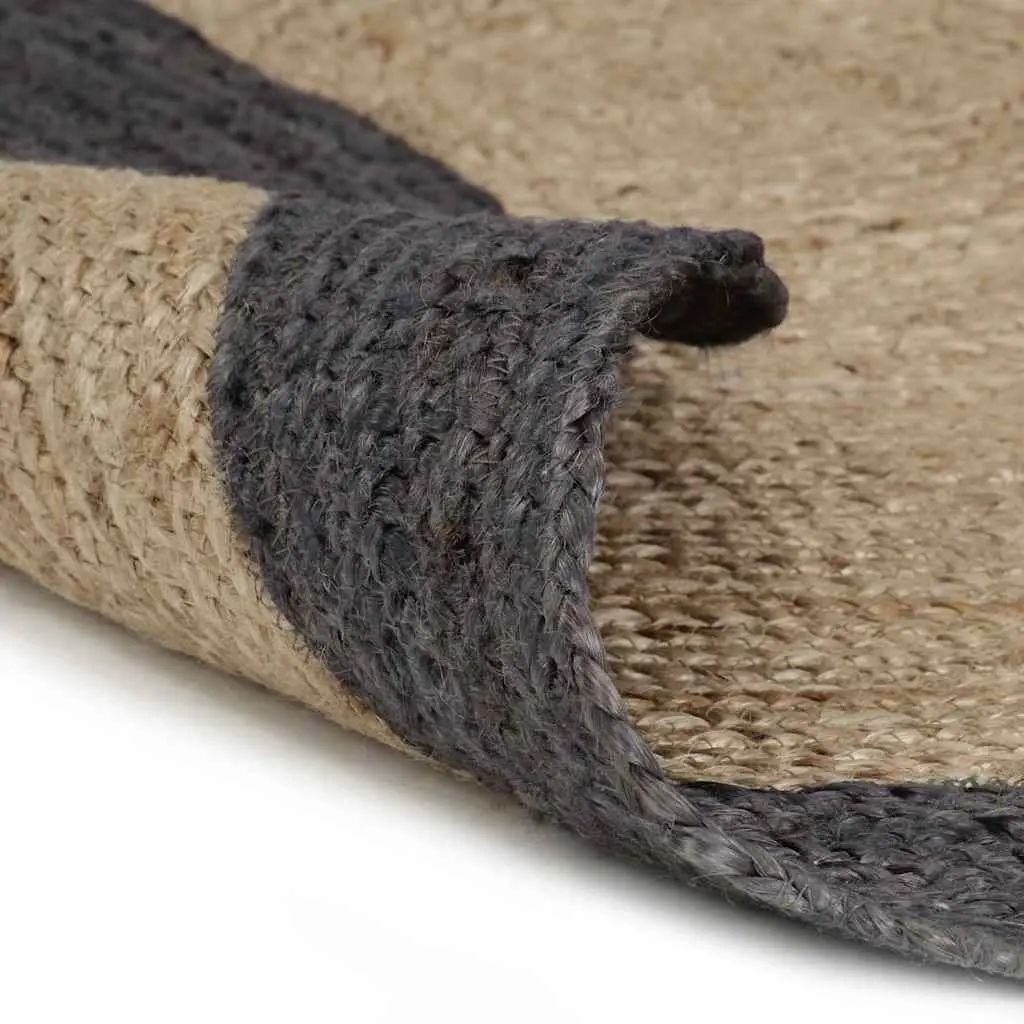 Jute Area Rug Natural Grey Border Round 90 cm Handwoven Braided Carpet