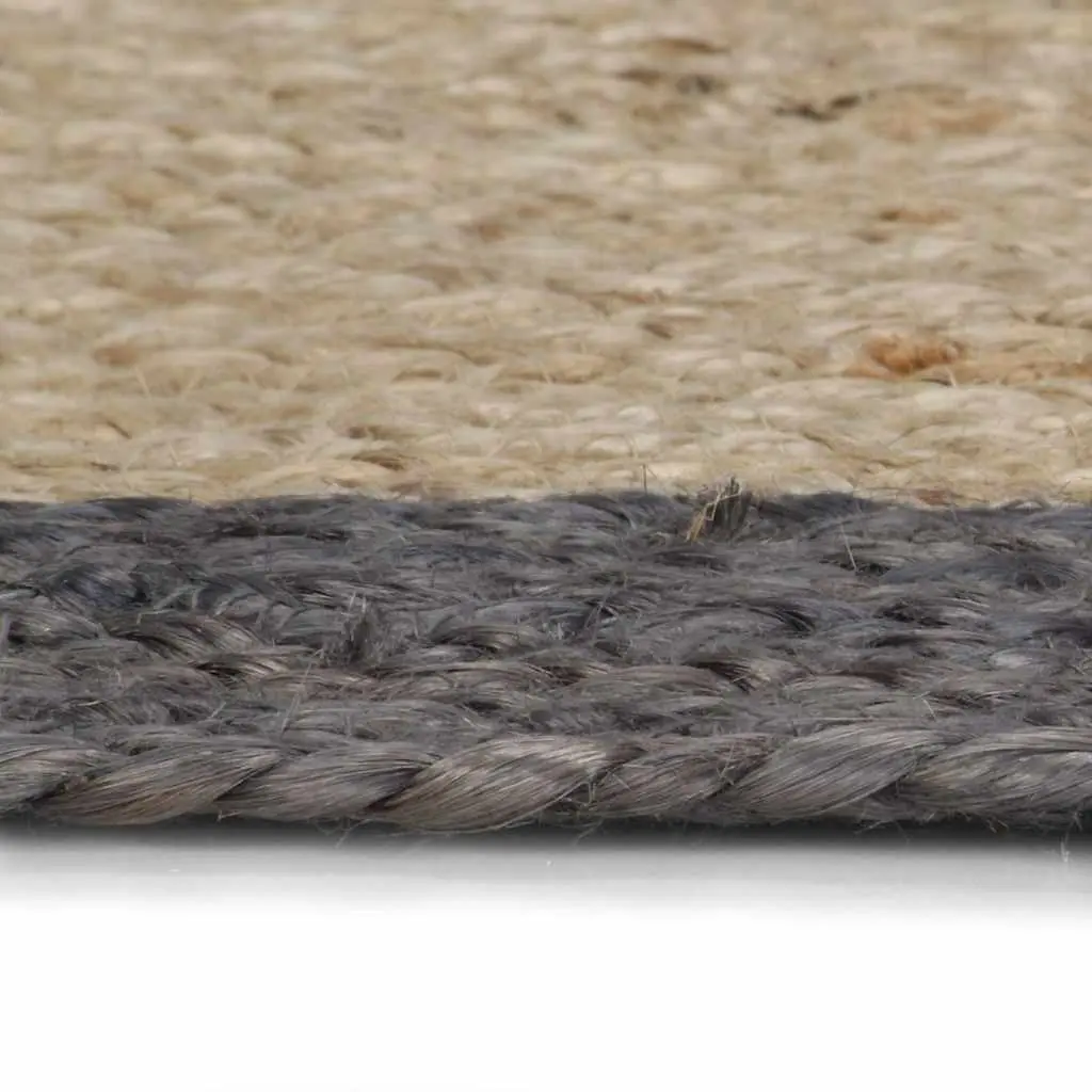 Jute Area Rug Natural Grey Border Round 90 cm Handwoven Braided Carpet