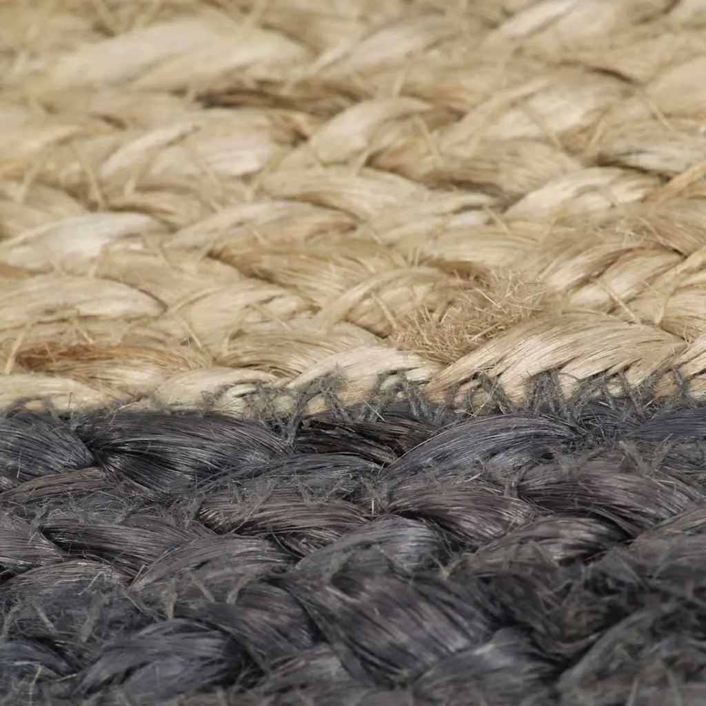 Jute Area Rug Natural Grey Border Round 90 cm Handwoven Braided Carpet