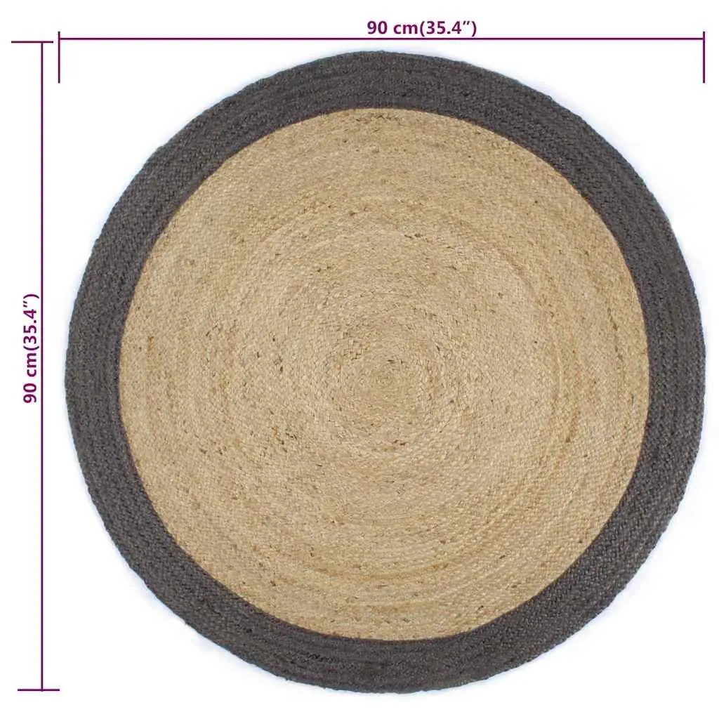 Jute Area Rug Natural Grey Border Round 90 cm Handwoven Braided Carpet