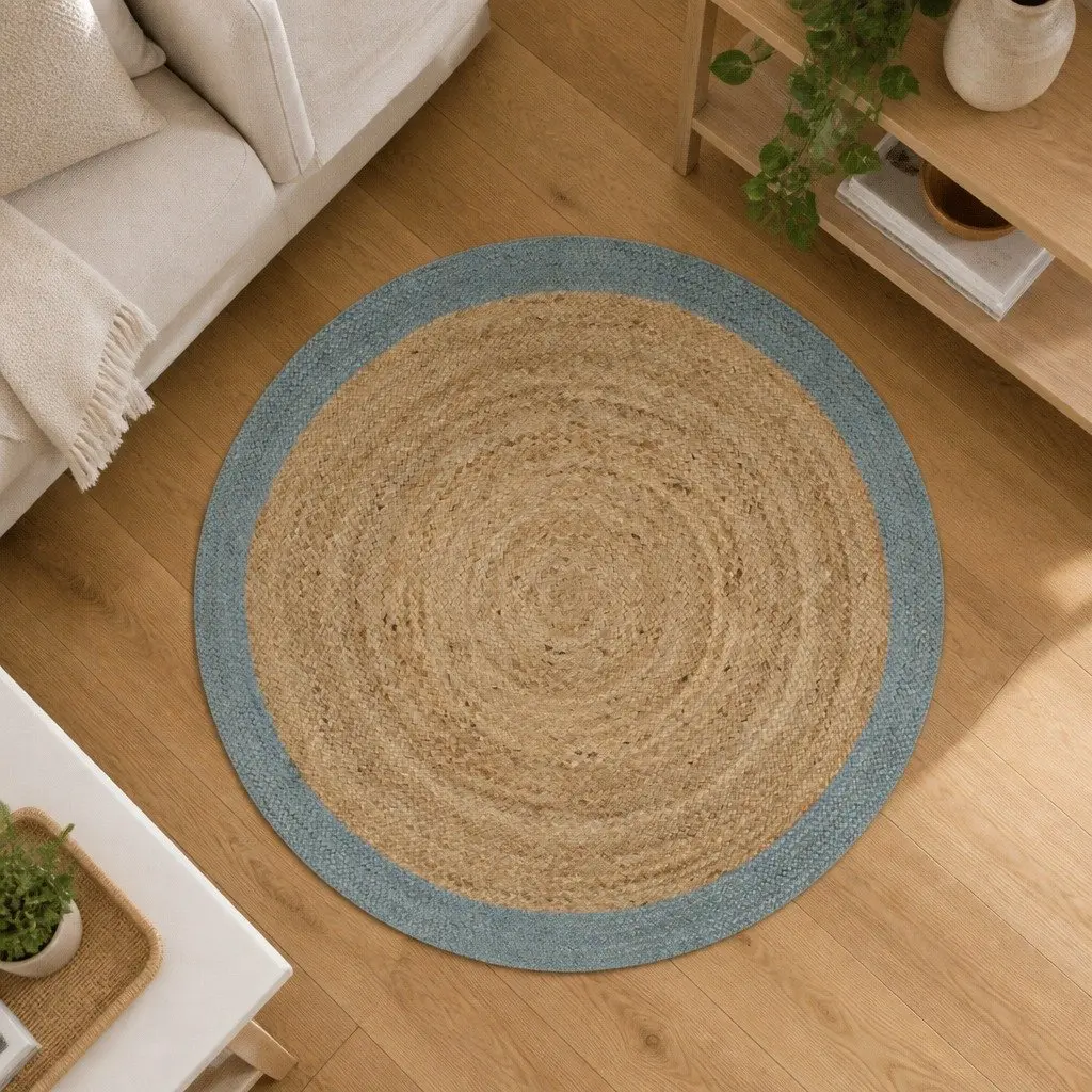 Handmade Jute Area Rug Natural Braided Carpet Olive Green Border 90cm Home Decor