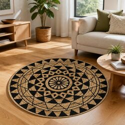 Concise Black Floral Jute Rug - 120cm Round