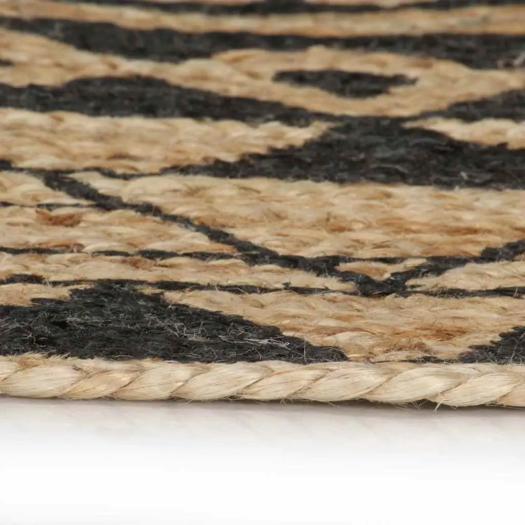 Handmade Jute Area Rug with Black Floral Print 120cm Round Carpet Home Decor