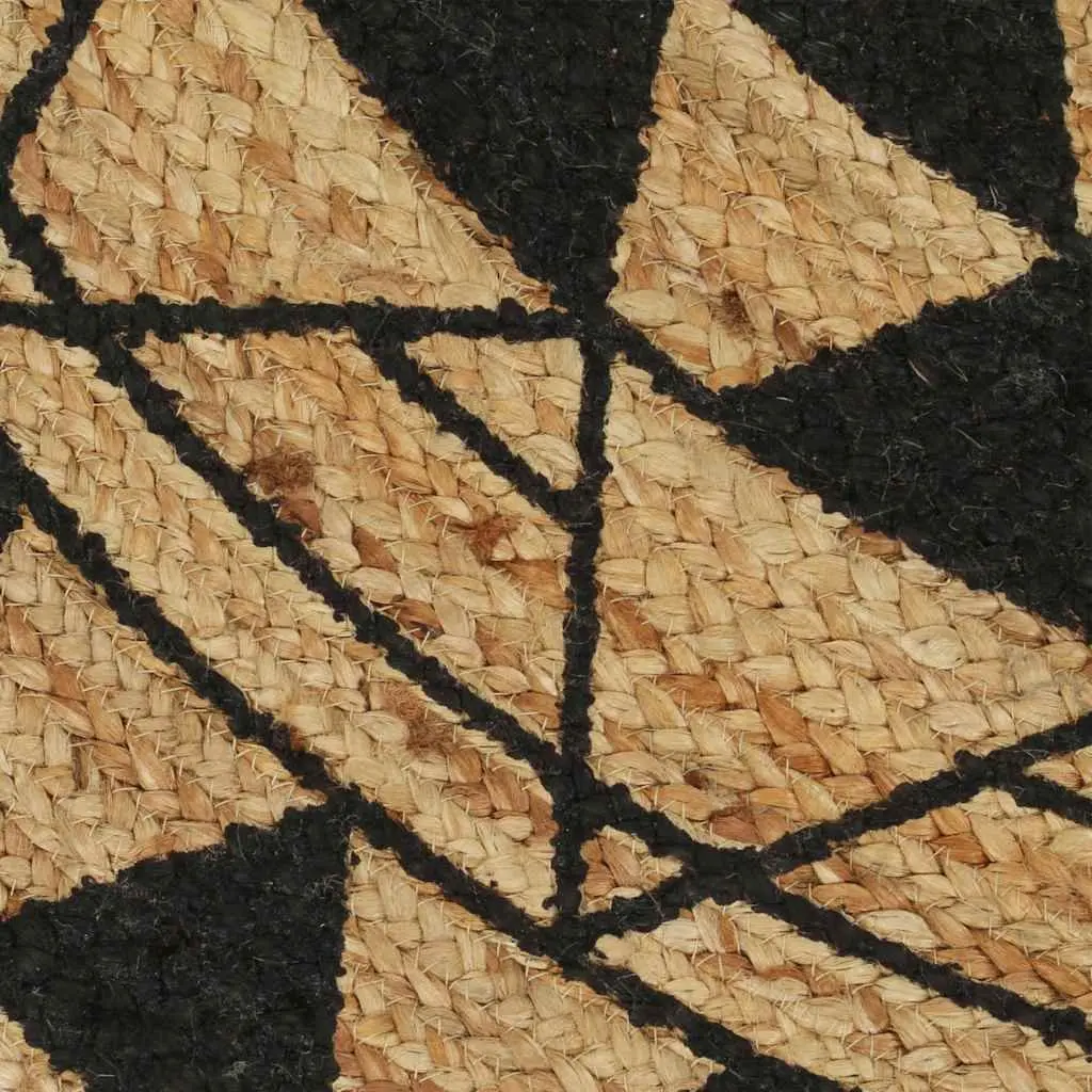 Handmade Jute Area Rug with Black Floral Print 120cm Round Carpet Home Decor