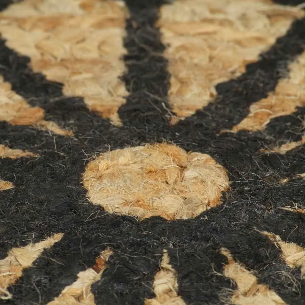 Handmade Jute Area Rug with Black Floral Print 120cm Round Carpet Home Decor