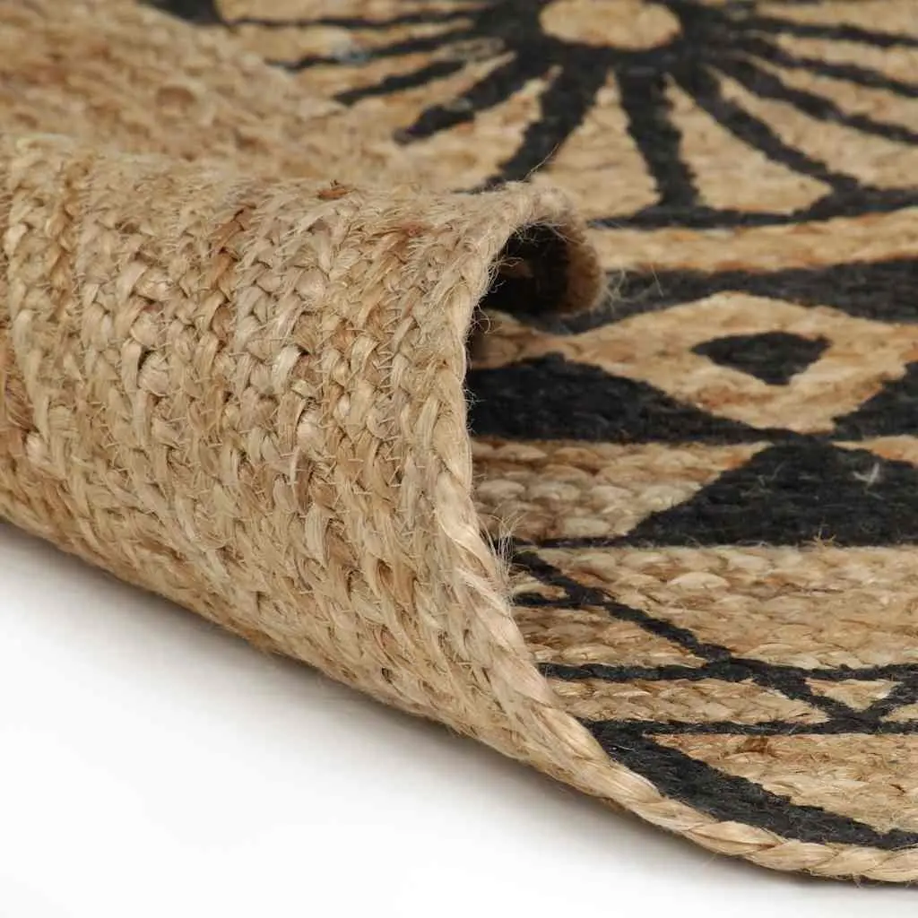 Handwoven Jute Area Rug Black Floral Print 150cm Durable Low Maintenance Home Decor Carpet