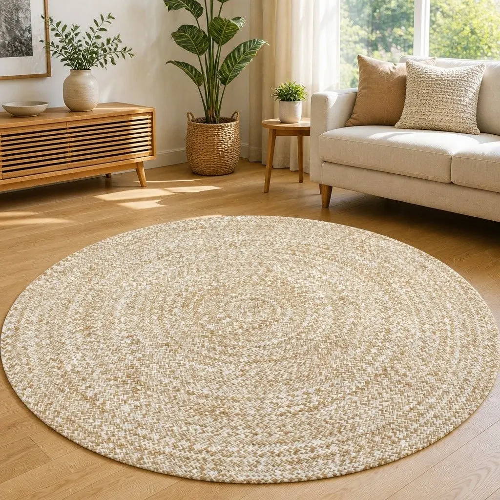 Handmade Braided Jute Area Rug White Natural 90cm Round Soft Durable Woven Home Decor