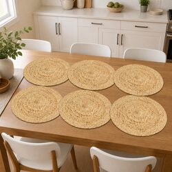 Round Jute Placemats 38 cm Handwoven Natural Table Linen Set of 6 Kitchen Dining
