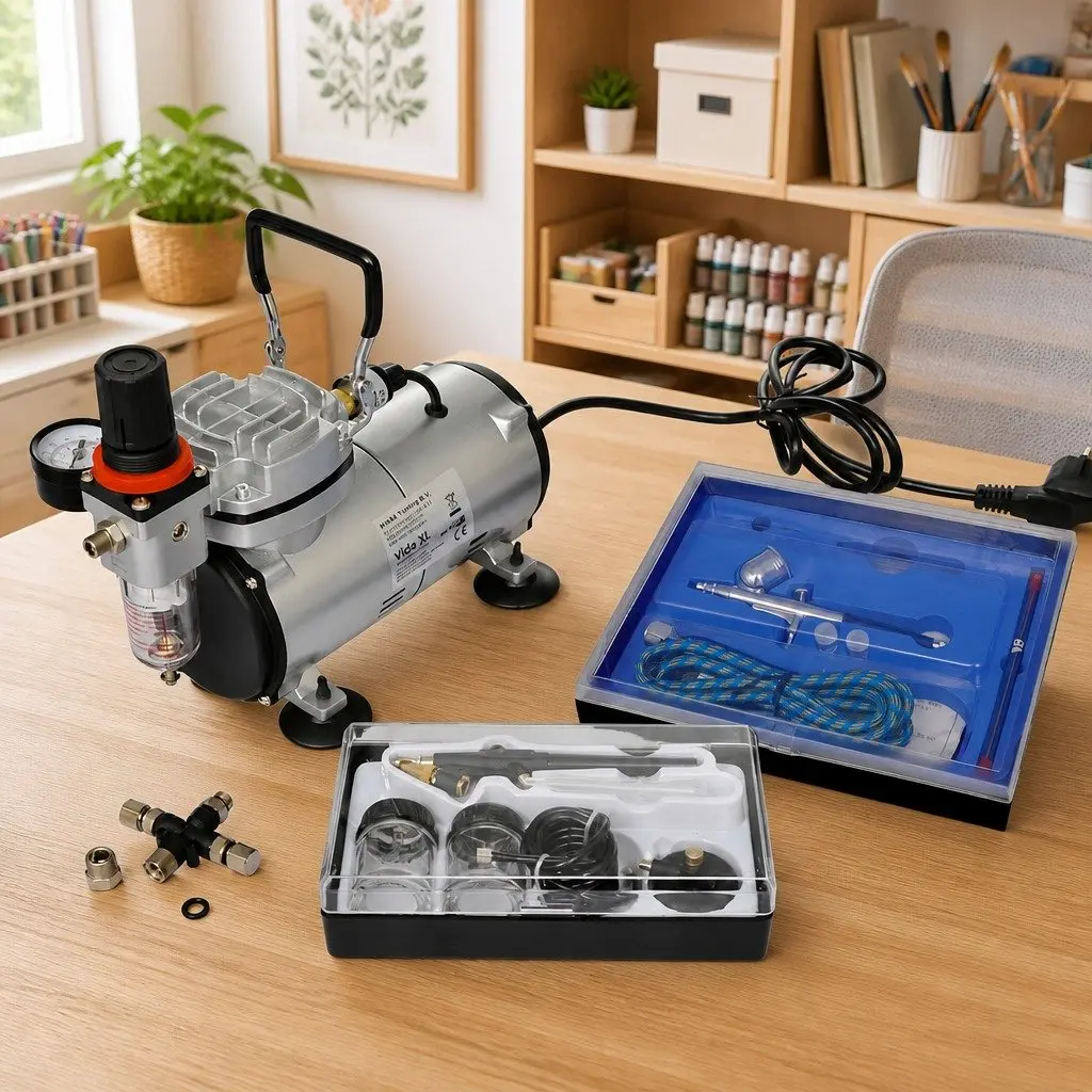 Airbrush Compressor Set Mini Oil-Free Piston Dual Spray Guns Adjustable Air Pressure