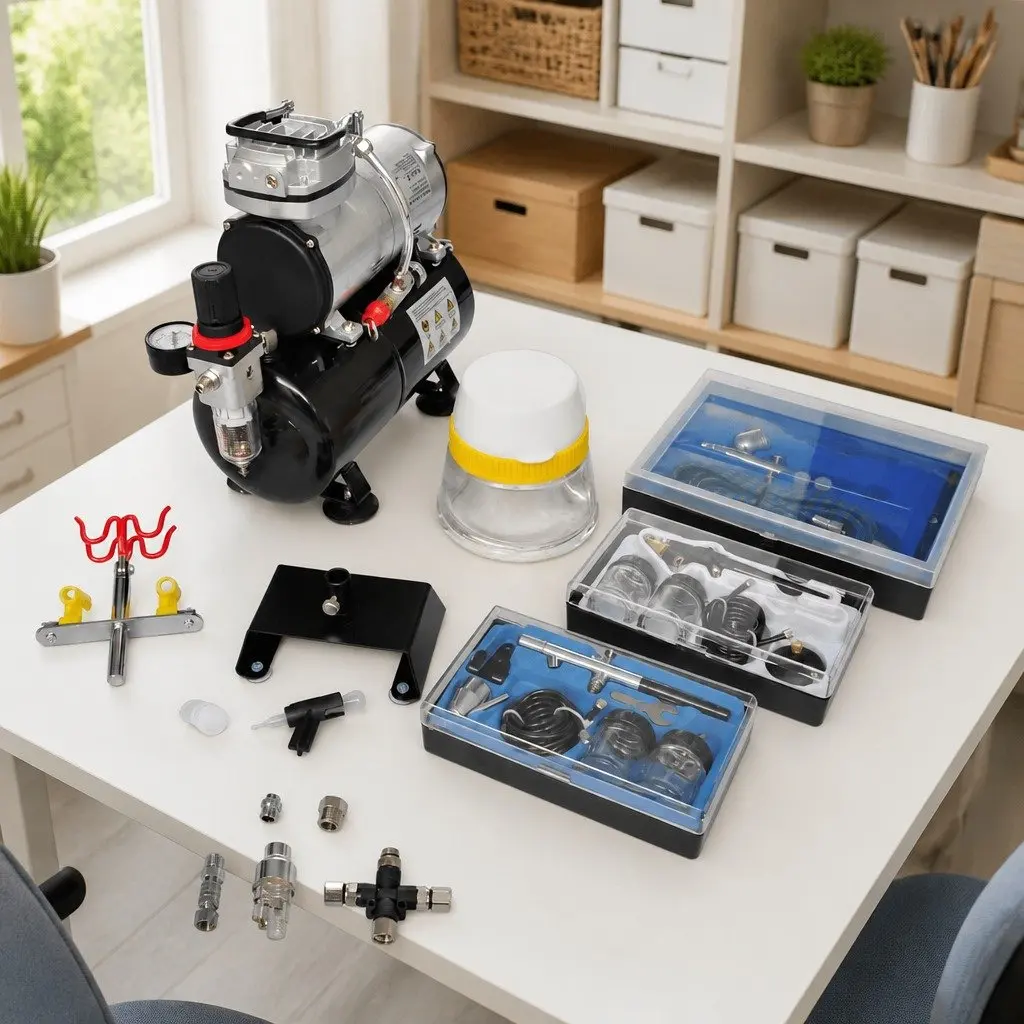 Airbrush Compressor Set Black 3 Litre Mini Piston with 3 Spray Guns and Accessories for Professional Tattoo Art
