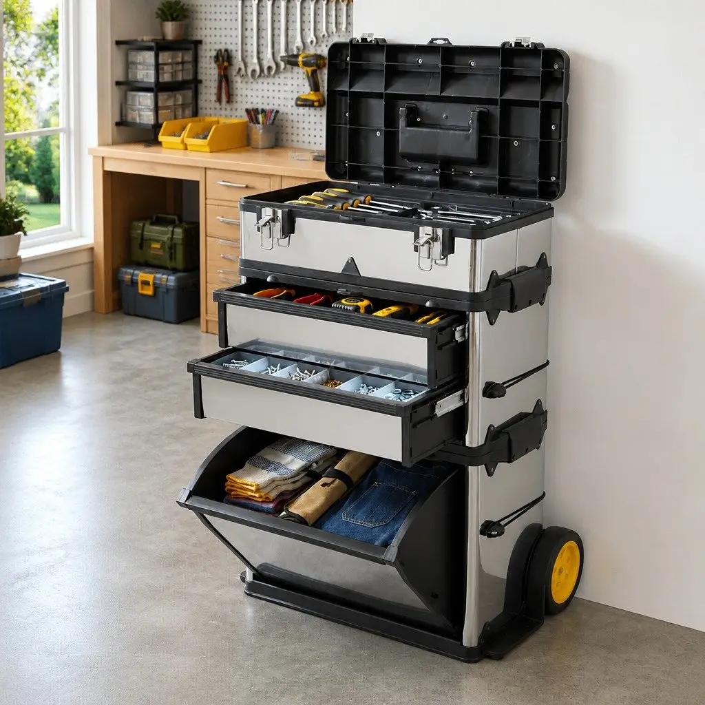 3-Part Tool Box Silver Mobile Storage Organiser with Rolling Wheels and Pull-Handle