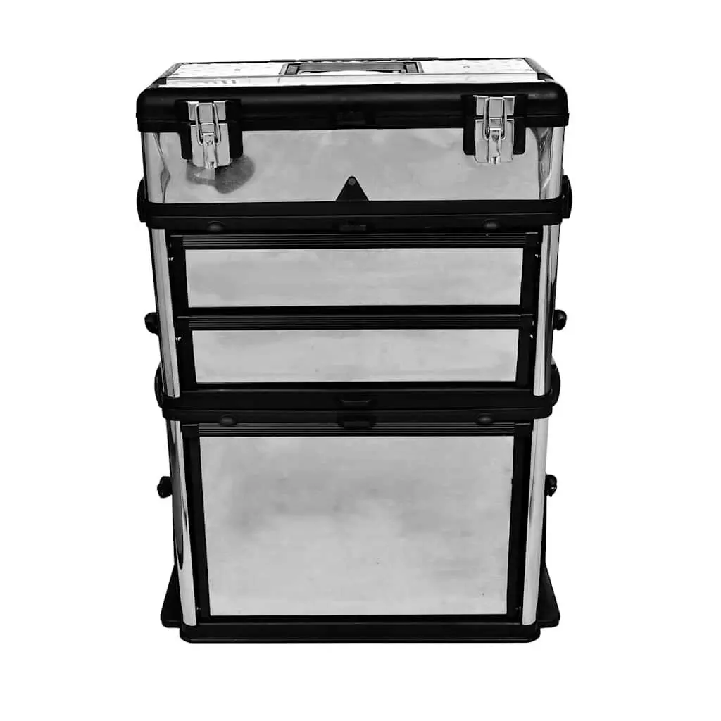 3-Part Tool Box Silver Mobile Storage Organiser with Rolling Wheels and Pull-Handle