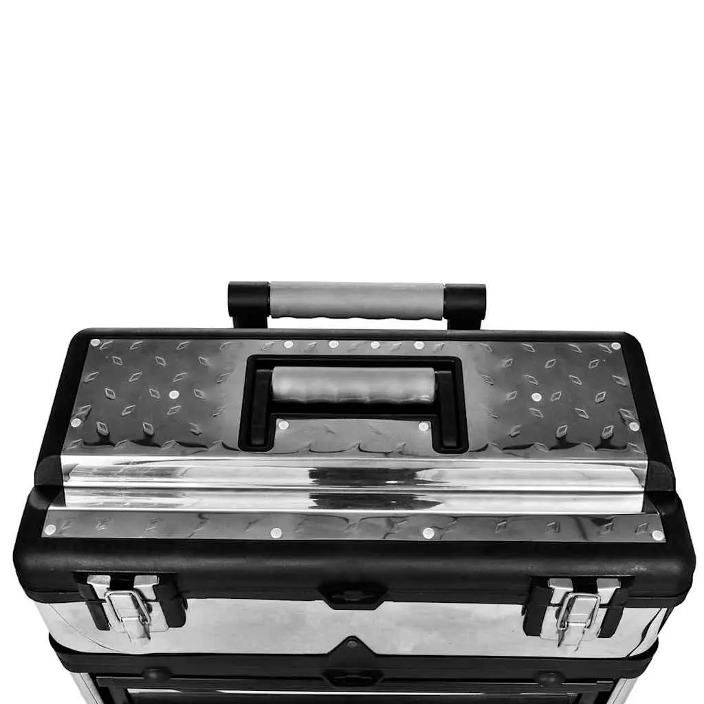 3-Part Tool Box Silver Mobile Storage Organiser with Rolling Wheels and Pull-Handle