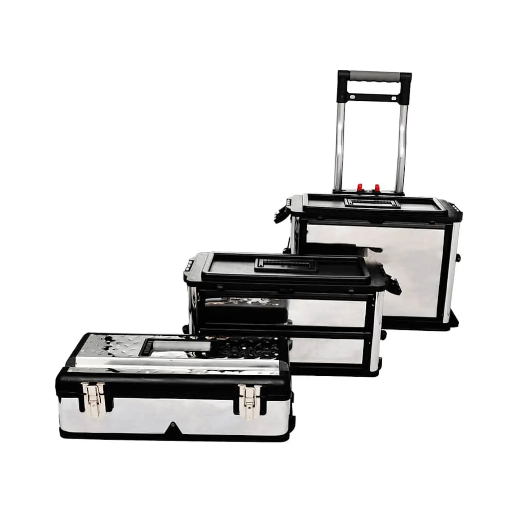3-Part Tool Box Silver Mobile Storage Organiser with Rolling Wheels and Pull-Handle
