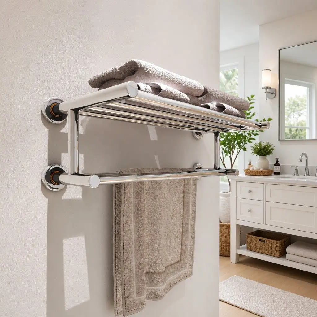 Stainless Steel Towel Rack Silver Wall Mounted 6 Tubes Bathroom Organiser