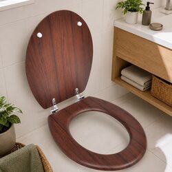 Brown MDF Toilet Seat with Strong Chrome Hinges