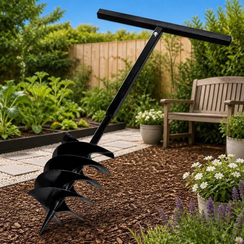 Ground Drill Auger Bit Black 200mm Three Spirals Steel Handle Gardening Tool