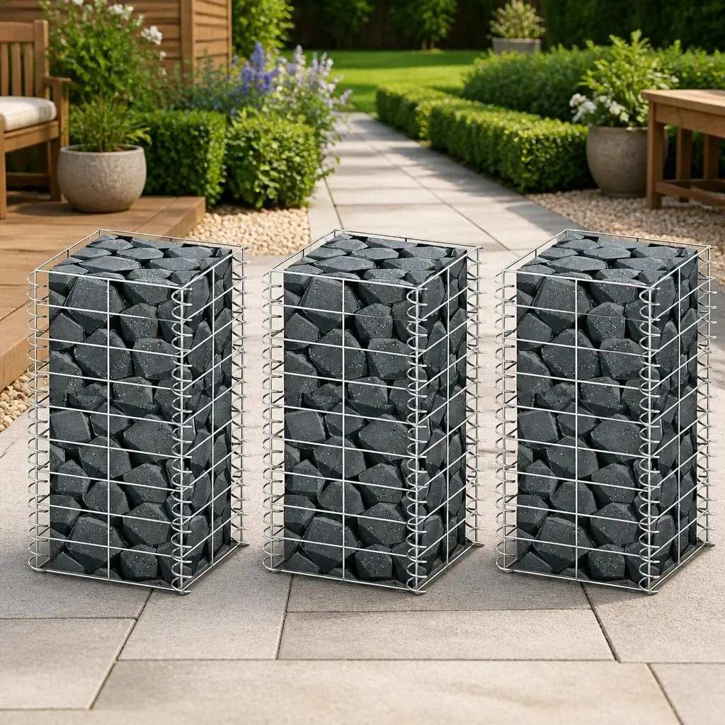 Gabion Basket Set Silver 25 x 25 x 50 cm Wire Mesh for Retaining Wall Garden Fencing Landscape