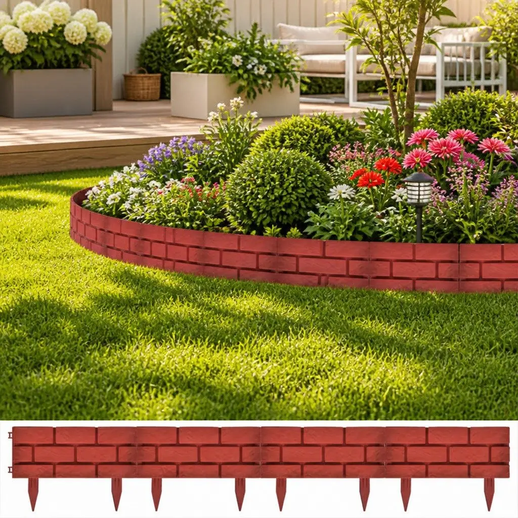 Garden Lawn Divider Edging Border Red 11 Piece Interconnectable Decorative Partition