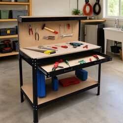 Compact Steel Workbench with Pegboard Hooks and Drawer