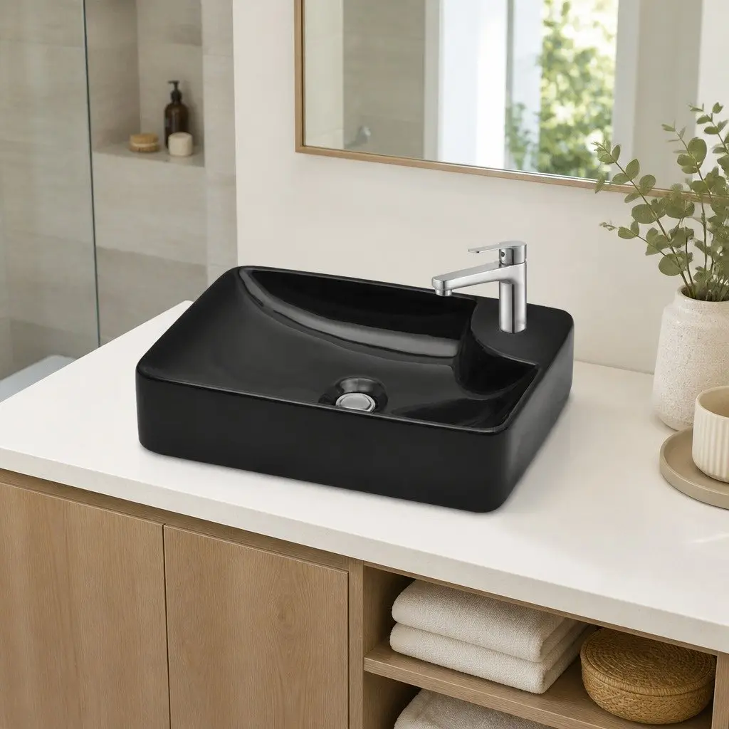 Ceramic Bathroom Sink Black High Gloss Modern Washroom Vessel with Faucet Hole