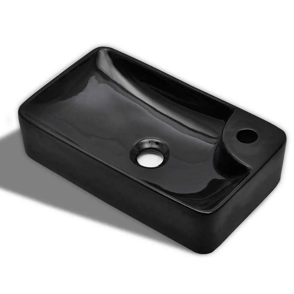 Ceramic Bathroom Sink Black High Gloss Modern Washroom Vessel with Faucet Hole